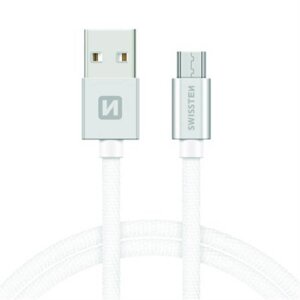 Micro USB Kábel Swissten opletený, Quick charge, 3A, 1.2m - bielo-strieborný