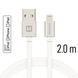 Lightning (8pin) kábel MFI Swissten opletený, 2M - bielo-strieborný