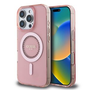 Guess IML Rhinestones Ring MagSafe Zadní Kryt pro iPhone 16 Pro Max Pink