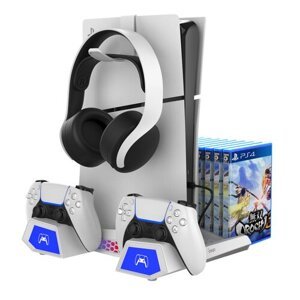 iPega P5S023 Multifunkční Nabíjecí RGB Stojan s Chlazením pro PS5/PS5 Slim/PS5 Pro White (Pošk. Balení)