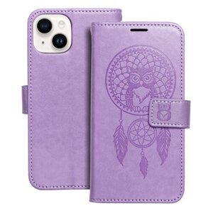 Puzdro Mezzo Book iPhone 14, vzor dreamcatcher - fialové