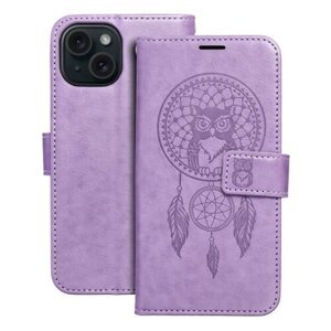 Puzdro Mezzo Book iPhone 15, vzor dreamcatcher - fialové