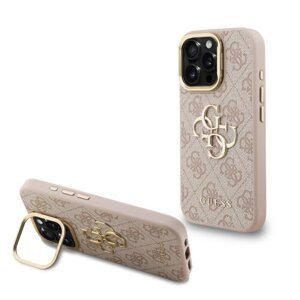 Guess PU 4G Metal Logo Stand Camera Frame Zadní Kryt pro iPhone 15 Pro Max Pink