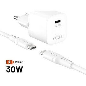 FIXED Mini GaN s USB-C výstupom a USB-C/USB-C káblom 1,2 m podpora PD 30 W biela