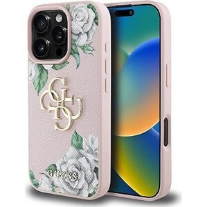 Guess PU Grained Roses 4G Metal Logo Zadný Kryt na iPhone 16 Pro Pink