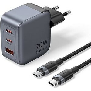 Vention 3-Port USB (C+C+A) GaN Charger (70 W/70 W/22,5 W) Gray with USB-C to USB-C Cable (1M) Black