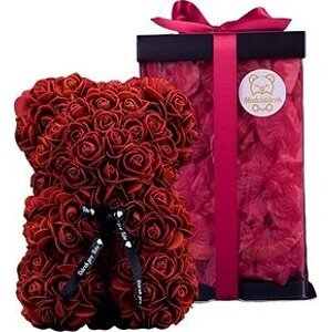 Medvídárek Romantic 25 cm darčekovo balený – červený zasypaný tmavo červenými lístkami