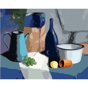 Zátišie hrozna, fľaše, misky a mandarínky, 40×50 cm, vypnuté plátno na rám