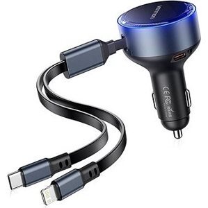 Vention Three-Port USB-C + USB-C/Lightning (30 W + 30 W/27 W) Car Charger with Built-In Cable Black