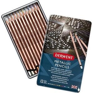 DERWENT Proffesional Metallic Pencils v plechovej krabičke, šesťhranné, 12 farieb
