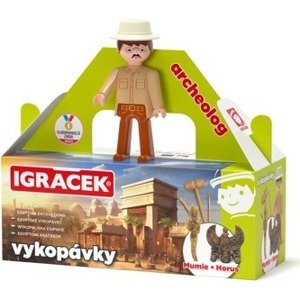 Efko Igráček Archeológ s egyptskými vykopávkami múmie a sošky boha Hora