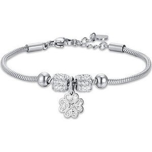 Girl's steel bracelet with heart four-leaf clover and white crystals