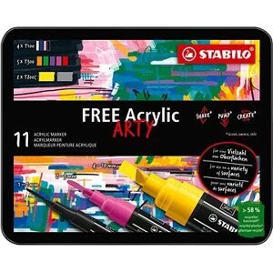 STABILO FREE Acrylic základná sada – balenie 11 farieb – s 3 rôznymi hrotmi 4× T100, 5× T300, 2× T800C